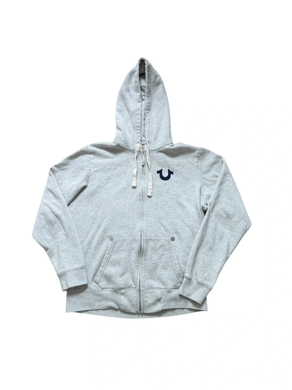 True Religion Buddha Logo Full Zip Up Hoodie Size Large Heather Gray Navy